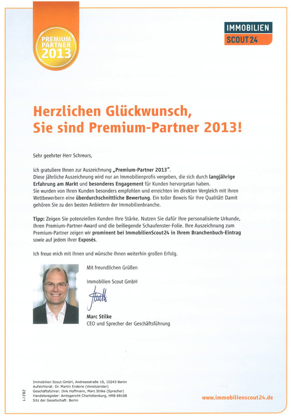 Auszeichnung "Premium Partner 2013" von Immobilienscout 24