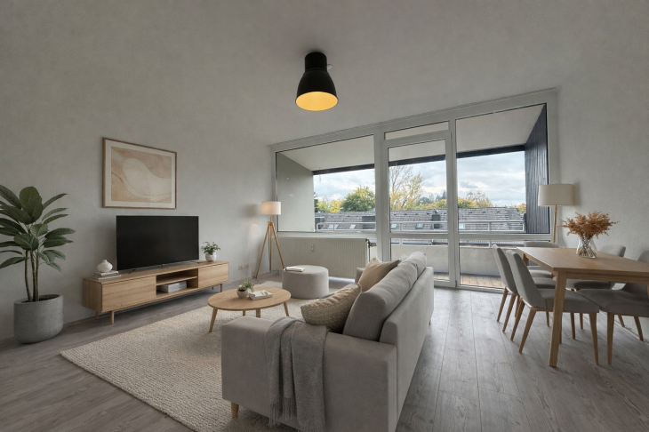 Modernes Wohnzimmer mit Blick ins Grüne