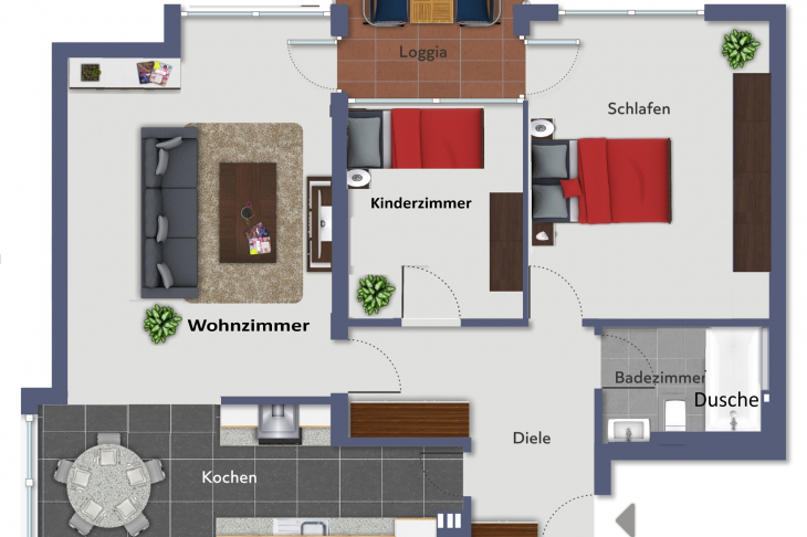 möglicher Grundriss als 3-Zimmer-Wohnung
