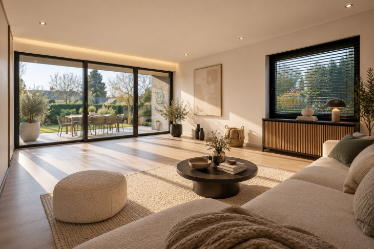 Skandinavisches Wohnzimmer im goldenen Tageslicht